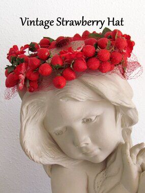 STRAWBERRY FESTIVAL HAT, VINTAGE HEAD WREATH w VEILING, STRAWBERRIES & LEAVES